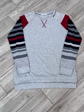 Levaca Grey Long Sleeve Sweater Shirt with Red/Black Sleeve Stripes Size Large